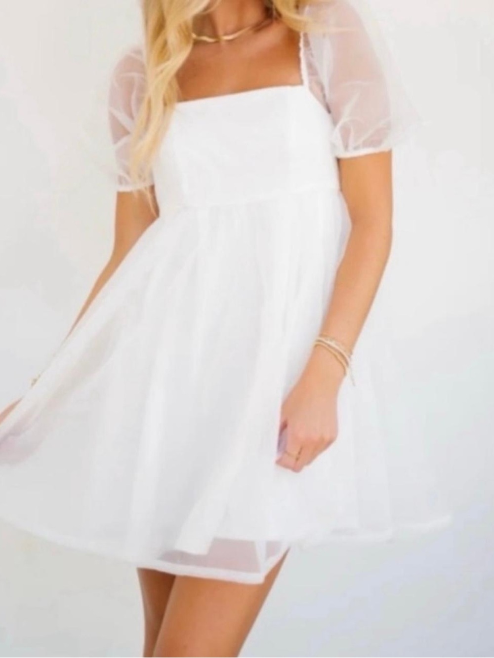 TCEC Sheer Puff Sleeve Babydoll Mini Dress in White medium